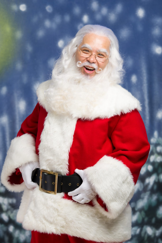 custom santa wig, Santa with no hat wearing a custom made wig, beard and mustache.